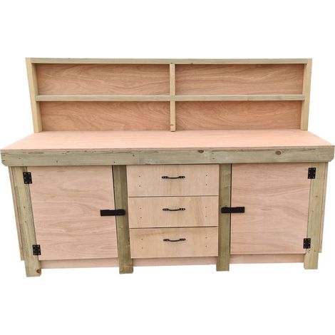 Eucalyptus top workbench with drawers and double lockable cupboard (V.8) (H-90cm, D-70cm, L-210cm) with back panel & double shelf (1/5)