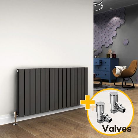 ELEGANT Anthracite Double Flat Panel Designer Radiator 600x1216mm Horizontal Radiator with Angled Radiator Valves (1/5)