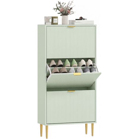 HOMCOM Slim Shoe Storage Cabinet with 3 Flip Drawers for Hallway, Light Green