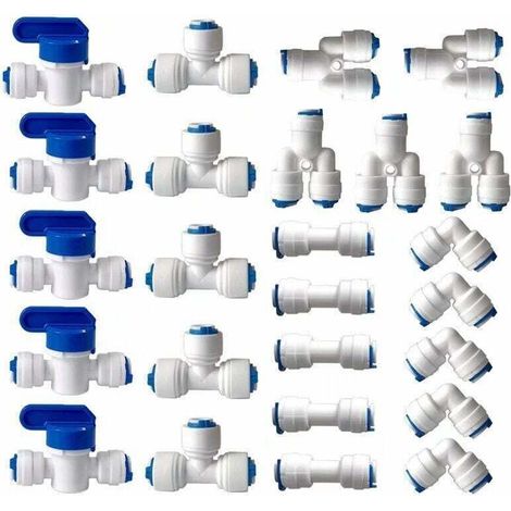 Raccord Osmoseur de filtre à eau, Raccord Droit 1/4" (6MM) Pushfit pour Tuyau de Filtre à Eau, Raccords pour Réfrigérateur Tubes de (Robinet Combiné de Type Y + T + I + L + Robinet d'Arrêt)25 pièces