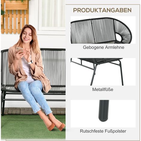 Banque de jardin 2 places en polyratan noir, résistante jusqu'à 260 kg, structure en acier robuste, parfaite pour terrasse et balcon (1/5)