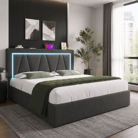 MEUBLIV Letto 140x200 cm grigio – LED, contenitore e USB-C, con materasso (1/5)