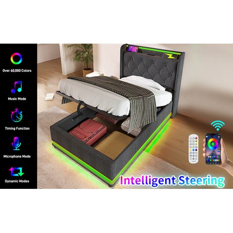 Cama 90x200 cm gris de lino con LED y almacenaje, para espacios pequeños, sin colchón – MEUBLIV (1/5)