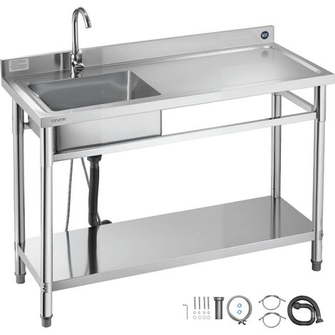 Évier cuisine utilitaire en acier inoxydable, évier professionnel autoportant à cuve unique gauche, avec robinet, tuyau d'eau chaude et froide pour garage, restaurant, buanderie, 120x50x94 cm (1/5)
