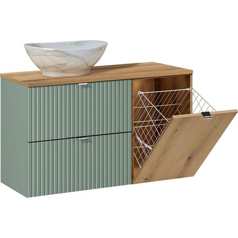 Mueble lavabo 100cm cesto lavandería Verde Jade y Madera (1/4)
