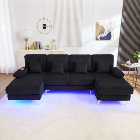 Canapé d'angle en U moderne avec éclairage d'ambiance LED et port USB-C, cadre en bois massif, 4 coussins luxueux et dossier ergonomique premium pour un confort maximal, noir (1/5)