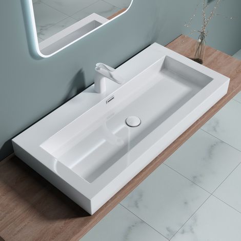 doporro® Lavabo suspendido o Lavabo sobre encimera blanco rectangular Colossum818 de 100cm de ancho Lavabo de mármol mineral fundido (1/5)