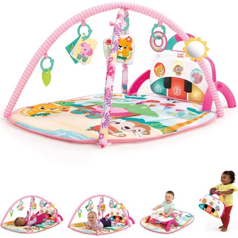 Bright Starts, Groovin' Kicks 4 in 1 - Tappetino da gioco per pianoforte e tamburo, motivo floreale, con 2 barrette giocattolo, neonato+ (1/5)