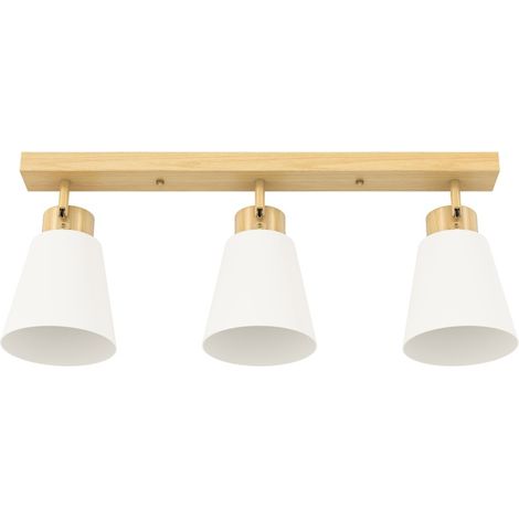 Plafonnier LED 40W avec 3 douilles E27, têtes orientables à 90°, finition bois naturel (1/5)