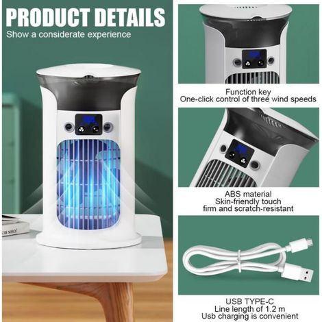 Climatiseur Portable - 4-en-1 Ventilateur Humidificateur Veilleuse - Réservoir 880 Ml - Oscillation 180° - 3 Vitesses - Pour Bureau Camping-car Petit Espace - 1 Pièce (1/5)