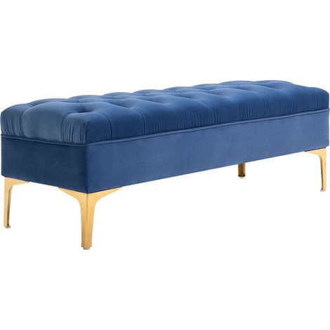 Banco tapizado de terciopelo azul 118 x 45 x 42 cm con patas metálicas doradas HOMVRA (1/5)