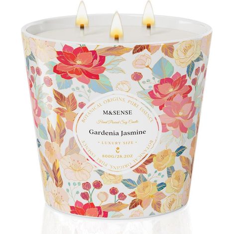 Grande bougie parfumée Gardenia Jasmin 800g avec 3 mèches, 120h de combustion