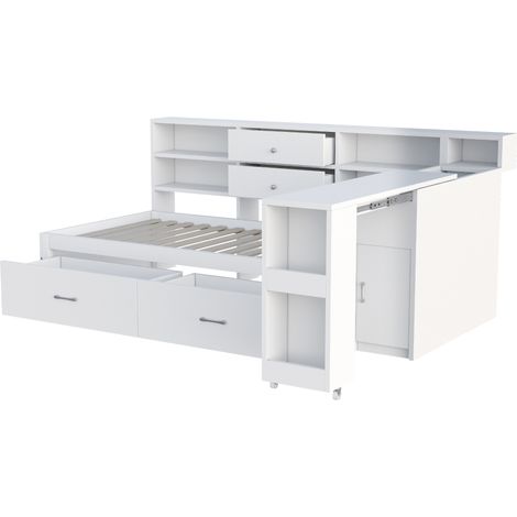 Einzelbett 90 x 200 cm weiß mit Stauraum und ausziehbarem Schreibtisch (1/5)