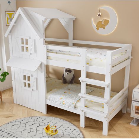 Lit superpose enfant 90x200 avec echelle blanc OKMYHOME (1/5)