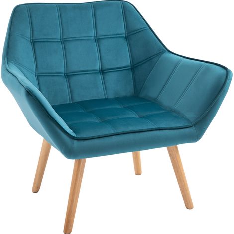 Poltrona moderna, poltrona d'accento con ampi braccioli, schienale inclinato e gambe in legno di caucciù per soggiorno, camera da letto, ufficio, blu