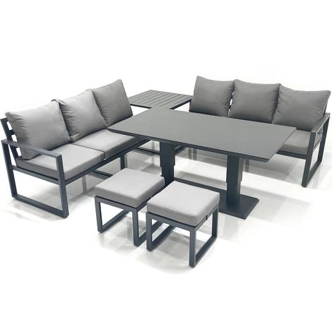 Fimous 8 Seater Aluminium Outdoor Garden Furniture Set with Adjustable Rising Lifting Dining Table 3 Seater Sofa 2 Small Footstool Side Table Dark Grey (1/5)