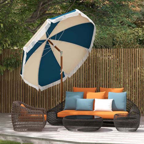 Parasol inclinable rond Ø 225 cm avec franges polyester haute densité anti-UV mât démontable. vintage bleu et beige