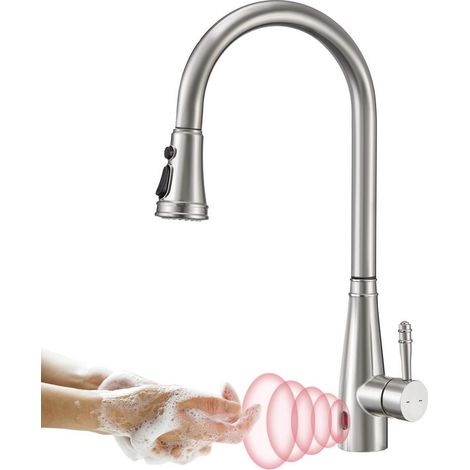 Mitigeur cuisine sans contact avec douchette extractible 2 jets 360° inox (1/5)