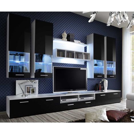 Meuble TV Mural Design "Dorade" 300cm Noir & Blanc (1/5)