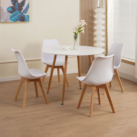 M&S – Ensemble repas table ronde 100x100cm + 4 chaises bois hêtre rembourrées PU blanc et naturel – Style scandi moderne