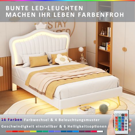 Lit bébé Polsterbet 90 x 200 cm, sommier pour fille, cadre de lit double couronne blanc en cuir PU avec LED, tête de lit incluse (sans matelas) (1/5)
