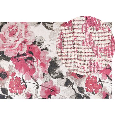 Alfombra de algodón rosa negro beige 140 x 200 cm patrón floral retro Ejaz (1/5)