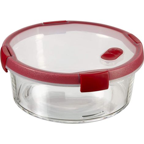 Keter – Boîte de stockage hermétique en verre borosilicaté – Lot de 4 récipients 15x20x7cm – Couvercle avec valve – Rouge/transparent