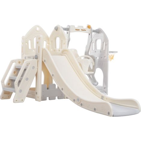 Area giochi 5 in 1, scivolo per bambini con altalena, arrampicata, spazio contenitore, altalena, canestro da basket, scivolo interno - Grigio chiaro (1/5)