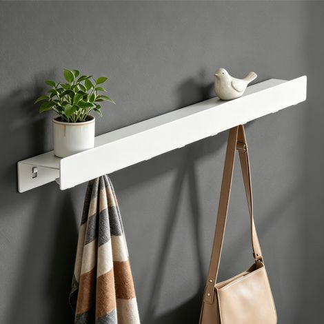 Mai & Mai Wandgarderobe mit Ablage und 4 Haken, Garderobenleiste mit versteckten Kleiderhaken, Kleiderstange Wandmontage 40cm, Sandweiß Stalo-11