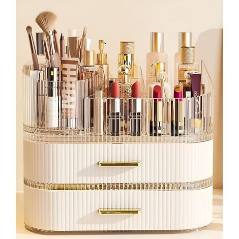 Make-up-Organizer mit 360° drehbarem Pinselhalter, stapelbaren Schubladen, großem Kosmetikfach, Aufbewahrungsmöglichkeit für Schminktische (cremeweiß, 3 Ebenen) (1/5)