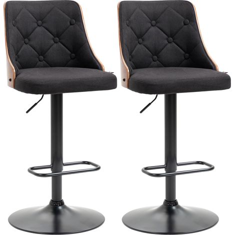 Set 2 Sgabelli da Bar 47,5x50x93,5-116 cm Seduta in Lino Poliestere Nero e Noce (1/5)