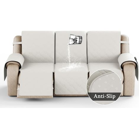 Quilted Recliner Chair Cover, Perfect for Pets and Children, with Storage Space and Elastic Straps (White, 3-Seater) (1/5)