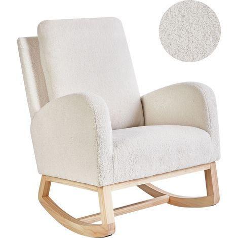 Silla mecedora balancín tapizado de bouclé patas de madera de caucho con reposabrazos sala de estar sillón de lactancia blanco crema Alsta (1/5)