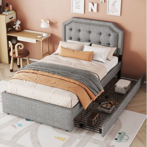 Letto Bambino 90x200 cm in Lino Grigio con Testiera Imbottita, Borchie Rame, 2 Cassetti, Struttura Legno (1/5)