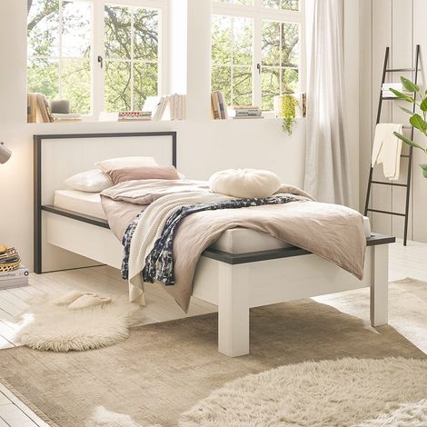 Bett 90x200 cm SHELTON-61 in Pinie weiß mit anthrazit (1/5)