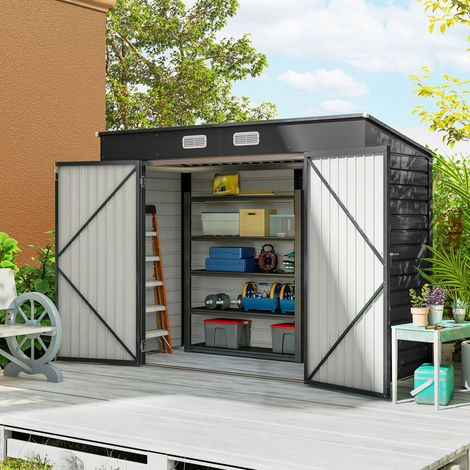 Abri de Jardin 2.7 m². Dim. 249 x 121 x 183 cm gants inclus portes doubles verrouillables ventilations tôle acier gris