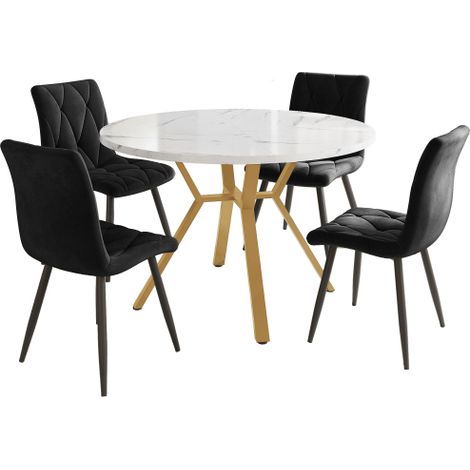 Ensemble de salle à manger, ensemble table et chaises (5 pièces), ensemble moderne et épuré composé d'une table ronde et de chaises en marbre, pieds de table en métal doré + 4 chaises,noires (1/5)