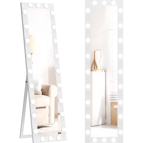 Miroir sur pied LED 150x40 cm - 24 ampoules, 3 couleurs de lumière, inclinable, blanc