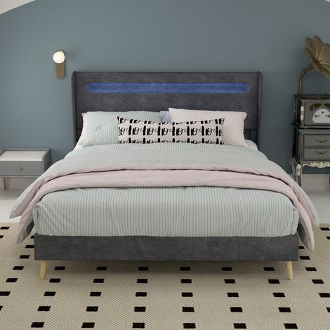 Lit 140x200cm - Lit Double 140x200cm - avec Tête de Lit LED - Éclairage Ambiance & Structure Fixe Moderne - Tissu Gris (1/5)