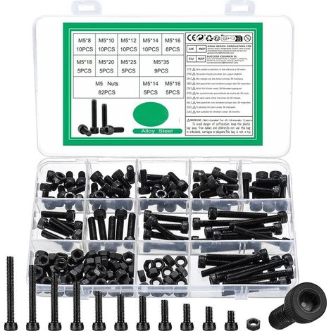 Kit Vis et écrous M5 - 226 Pièces - Acier Carbone Noir - Boulons Tête Hexagonale Creuse - Réparation Mécanique et Bricolage - Assortiment Complet (1/5)