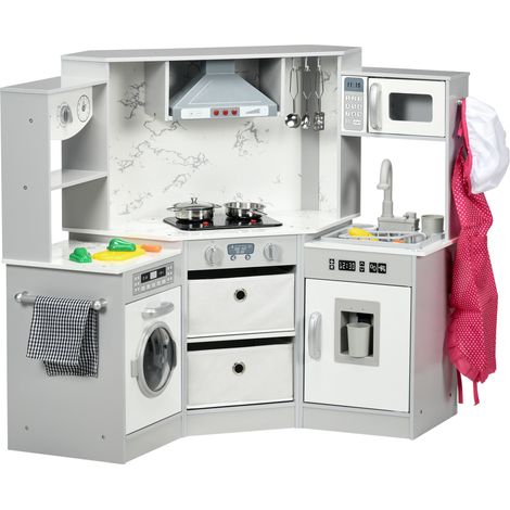 Cocina de juguete de madera para niños con 17 accesorios, verduras de plástico, perillas y luces, gorro de chef, para edades de 3 a 6 años, gris y blanco.