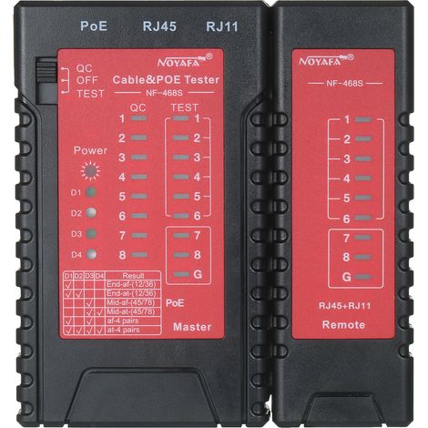 NOYAFA testeur câble réseau RJ45 RJ11 et testeur PoE ligne téléphonique testeur LAN Ethernet pour Cat5/5e/6/6a (UTP/STP) Cat3 (6P2C/6P4C/6P6C)