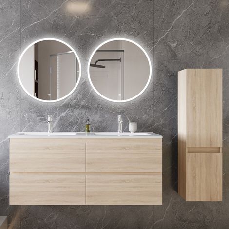 Ocean Ensemble de meubles de salle de bain, 1204652cm, meuble avec vasque + miroir LED rond + meuble colonne 110cm, Chêne (1/5)