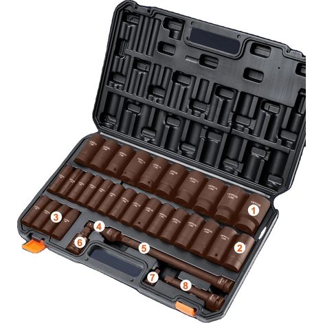 Juego de llaves de impacto, acero CR-V, varios tamaños, caja de herramientas resistente (1/2)