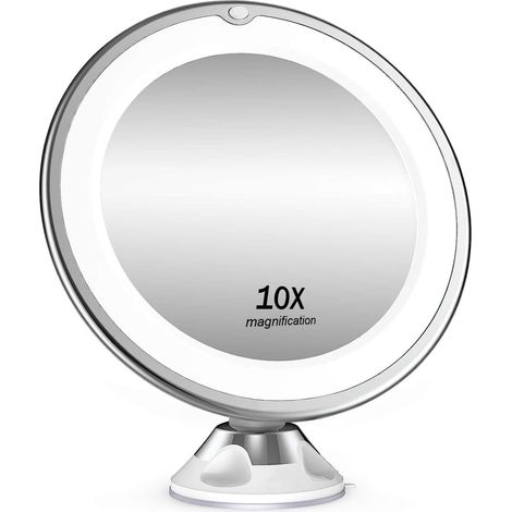 Lntyq Miroir cosmétique grossissant x 10, éclairage LED, pivotant à 360°, miroir de rasage avec ventouse, pour la maison et les voyages, blanc