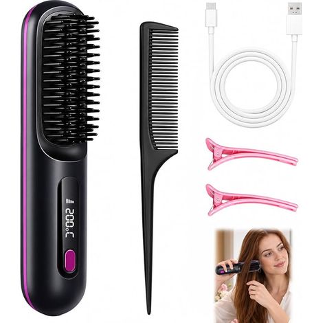 Brosse Chauffante Lissante Sans Fil Céramique Écran Led Usb‑c Voyage Noir (1/4)