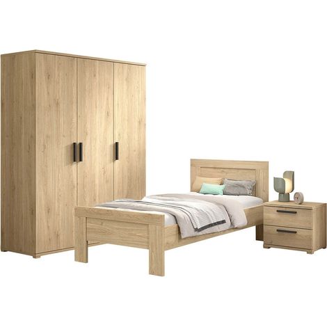 MARCO - Chambre Enfant Lit 90x200cm + Chevet + Armoire 3 Portes Aspect Chêne clair