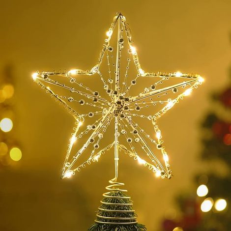 Étoile de Noël pour Sapin, 30 cm, Lumineuse avec Perles, Pile, Décorations de Fête, Or (1/4)