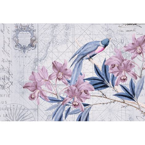 Papier peint panoramique oiseaux & orchidée exotique Tapisserie panoramique jungle violet & bleu Papier peint panoramique jungle pour chambre (1/2)