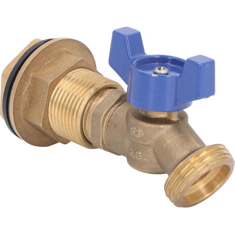 Robinet à bille en laiton à quart de tour pour réservoir d'eau ou récupérateur d'eau de pluie, avec raccord traversant fileté 1/2" femelle et 3/4" mâle. (1/5)